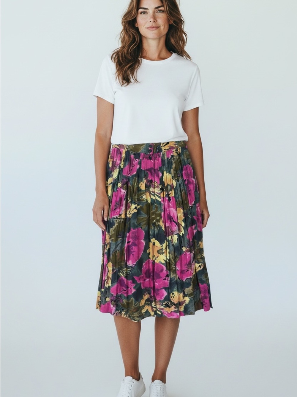HIRSCH womens skirt Pleated Floral Midi Skirt with buttons belt loop size 12